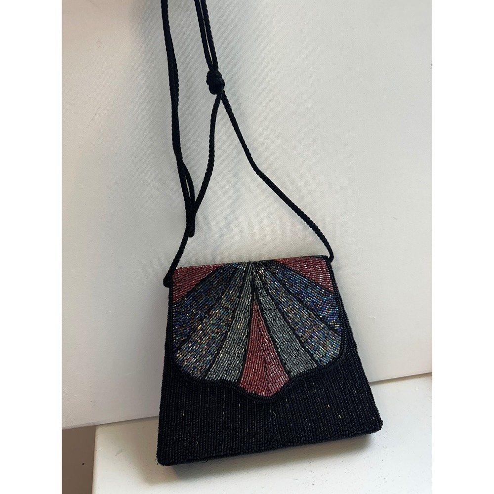 Vintage Black Beaded Evening Bag Iridescent Fan Pattern Shoulder Purse Art Deco